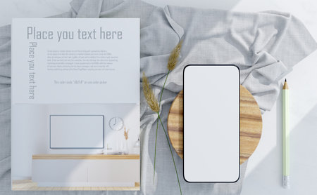 Smart phone with white screen mock up for text and element design and book mock up for modern style design with color code for easy to replace element on screen 3d illustration rendering