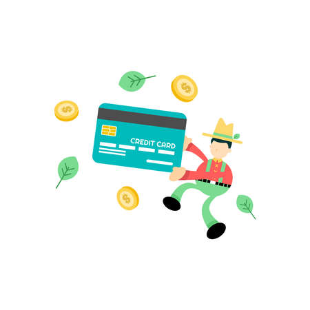 Farmer and credit card finance service cartoon flat design illustration