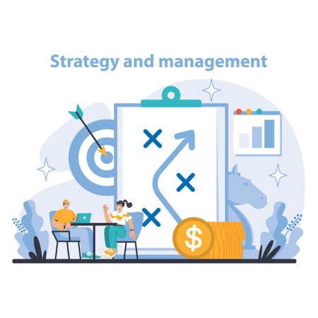 Strategy and management concept executives collaborate on goals analyze financial growth targeting success optimizing resources charting progress flat vector illustration Vector Illustration