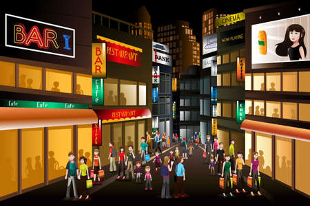 人の夜に忙しい街の中心でショッピングのベクトル イラスト ベクターイラストレーション