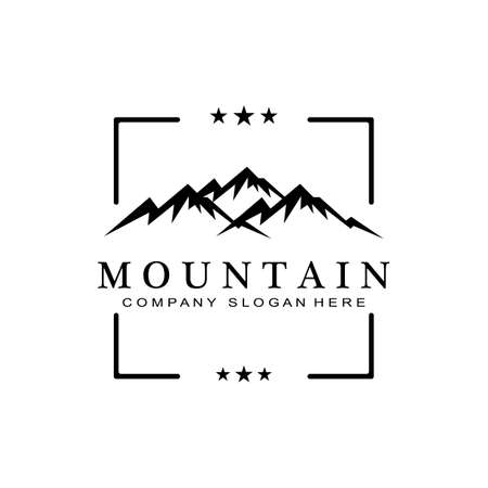 Diseño vectorial del logotipo con vistas a la montaña al amanecer para aventuras en la naturaleza al aire libre