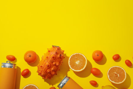Tropical fruit and tin cans on yellow background space for text