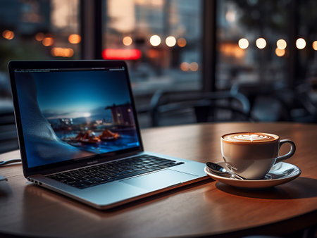 Coffee cup and laptop on the table in coffee shop