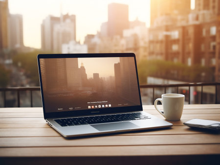 Laptop on the wooden table with a cup of coffee in the city