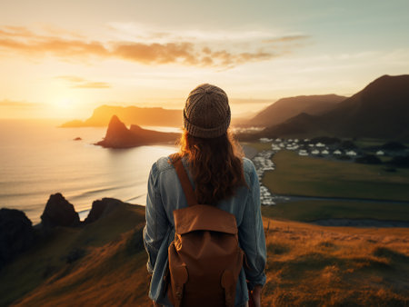 Rear view of a young woman with a backpack and a hat standing on the edge of a cliff and looking at the sunset