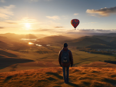 Traveler with a backpack and hot air balloon on the background of the sunset