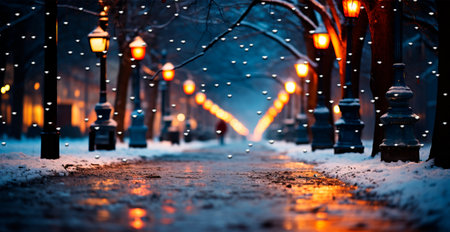 Night snowy christmas town new year holiday blurred background ai generated image