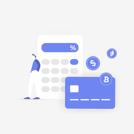 Tax payment with bitcoin ethereum and dollars concept illustration bank card with calculator calculate tax revenue rate crypto investment and digital stock market trading Stock Photo