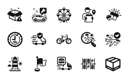 Conjunto vectorial de iconos de bicicleta, caja de entrega y rueda de la fortuna conjunto simple. Iconos de lugar de estacionamiento, vuelo confirmado y repartidor. Señales de bandera, servicio de camión y regalo. Bicicleta simple símbolo web. Vector