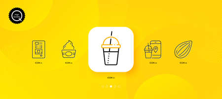 커피 자판기 아몬드 너트와 아이스크림 최소 선 아이콘 웹 응용 프로그램 인쇄 벡터를 위한 노란색 추상 배경 음식 앱 커피 칵테일 아이콘