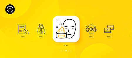 소포 송장 엔지니어링 팀과 얼굴 크림 최소 선 아이콘 노란색 추상 배경 아웃소싱 웹 응용 프로그램 인쇄 벡터에 대한 작업 가족 보험 아이콘