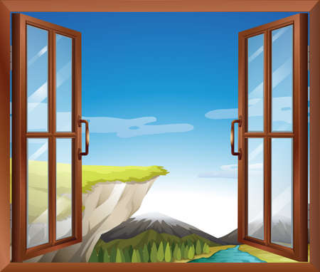 Ilustración de una ventana con una vista del acantilado en el río