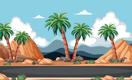 Palm trees and rocks by a desert road Zdjęcie Seryjne
