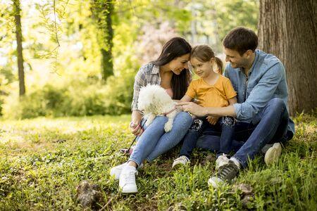 Hermosa familia feliz se divierte con el perro bishon al aire libre en el parque bajo el árbol