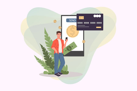 Young man sending money using mobile app vector illustration huge smartphone and credit card connected online transaction system electronic wallet banking concept