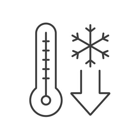 Icône linéaire tombant de la température. Illustration de la ligne mince. Thermomètre avec flocon de neige. Symbole de contour de temps froid hiver. Dessin de contour isolé Vector