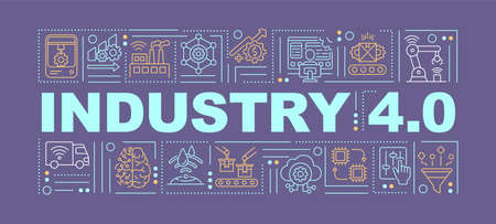 Industrieel internet van dingen word concepten banner. Inleiding digitale technologieën. Infographics met lineaire pictogrammen op violet achtergrond. Geïsoleerde typografie. Vector schets RGB kleur illustratie