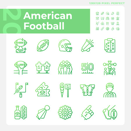 Iconos vectoriales lineales degradados de fútbol americano conjunto de equipos deportivos juego de equipo día del juego símbolos de partido de fútbol línea delgada diseños de símbolos de contorno paquete colección de ilustraciones de contorno aislado