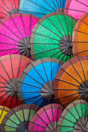 Colorful parasols texture at night traditional souvenir market luang prabang city laos