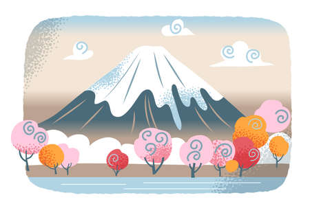 日本の富士山と桜、日本のシンボル、かわいい山の風景