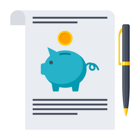 Retirement planning concept with document piggy bank and pen