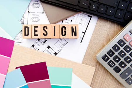 Design in block letters with house drawings keyboard samples and calculator