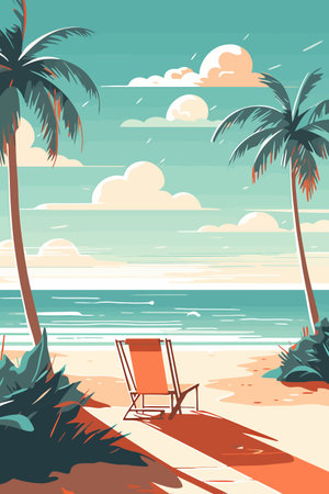 Strand mit Palmen und Sonnenliege-Vektorillustration