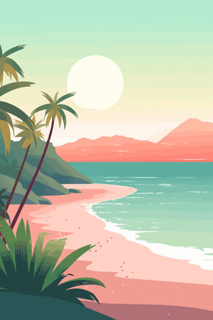 Tropischer Strand mit Palmen und Sonnenuntergangsvektorillustration