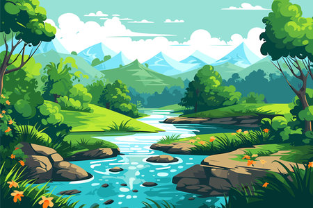 Nature landscape with river and mountains vector illustration in cartoon style Foto de archivo