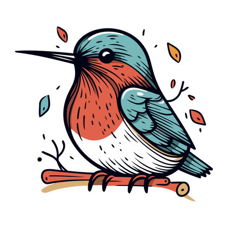 Hand drawn vector illustration of a little bird sitting on a branch