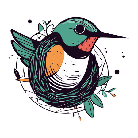 Hand drawn vector illustration of a hummingbird sitting in a nest Ilustraciones vectoriales