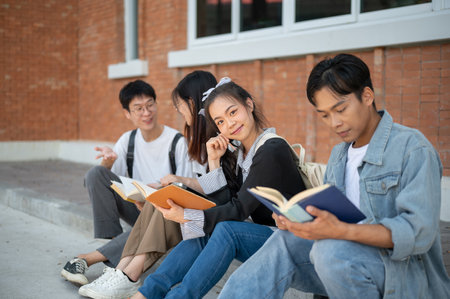 A positive cute young asian female college student sits on a footpath with her friends relaxing after classes education and friendship concepts