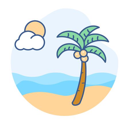 Symbol für die Strandlinie. Blick auf den tropischen Ozean und eine Palmenvektorillustration. Standard-Bild