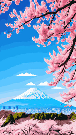 ピンク色の空と明るい朝の風景。富士山の背景に咲く白い桜の枝。日本の伝統的なお祭り花見は早春の花です。フラットイラスト