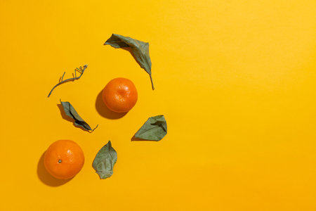 Whole tangerine and dried tree leaves on yellow background