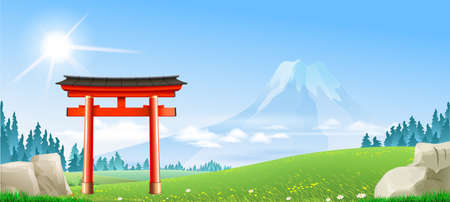 鳥の門を持つ日本の風景。地平線上の富士。背景バナーの壁紙