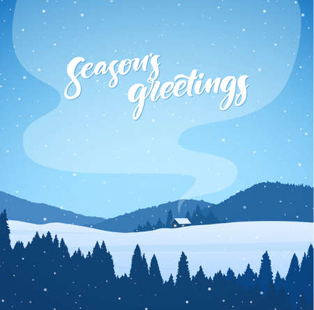 Vector illustration winter snowy mountains christmas landscape with cartoon houses and handwritten lettering of season s greetings on smoke background