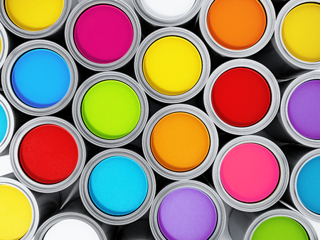 Vibrant colored paint cans background 3d illustration Stock Photo