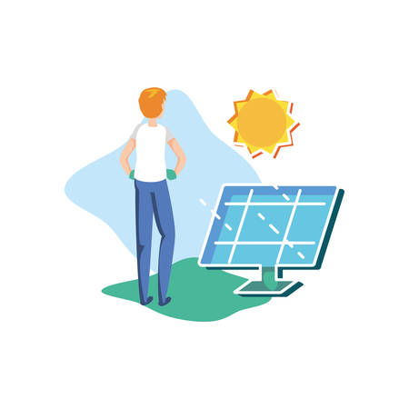 Man avatar and solar panel design sustainability eco friendly green recycle ecology renewable and solution theme vector illustration