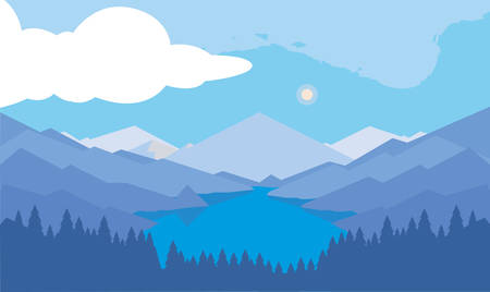 montañas con bosque y río paisaje nevado escena vector ilustración diseño Foto de archivo