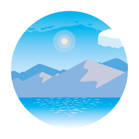Landscape with lake scene in frame circular vector illustration design