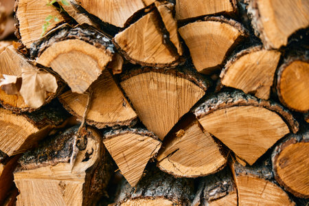 Montón de madera con temática otoñal con hojas coloridas vista de cerca en un entorno natural Foto de archivo