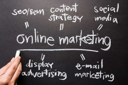 Hand writing online marketing concept with chalk