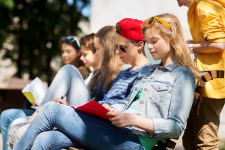 Education high school and people concept group of happy teenage students with notebooks learning at campus yard