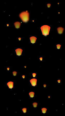 黒い背景に夜空のスカイランタンフェスティバルのお祝いのベクトルイラストに飛んでいるペーパーランタンライトで夜空のタイの休日に浮かぶスカイランタン