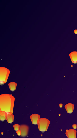 チェンマイのお祝いロイクラトンタイの休日と夜空に飛ぶ提灯ライトチェンマイ文化の伝統ベクトルイラスト紫色のグラデーションの背景に 写真素材