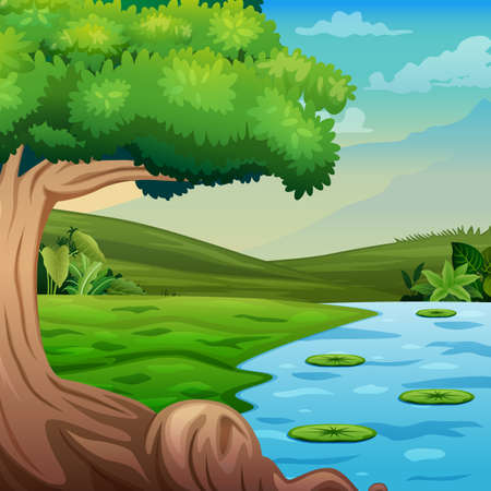 Background scene with a tree by the river illustration