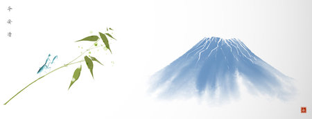 青カマキリ、緑の竹の枝と青い藤山に座る青いカマキリの水墨画、伝統的な東洋の水墨画、墨と象形文字、平和、静けさ、明晰さ、永遠