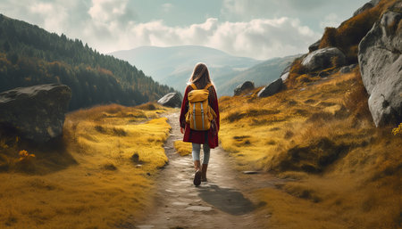 A girl walking along a mountain path with a backpack tourist leads active lifestyle walk on spare time hiking trek rest travel trip concept