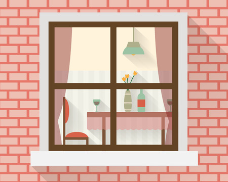 Mesa de comedor a través de la ventana con vasos de vino, flores y sillas. Ilustración vectorial de estilo Flat. Foto de archivo